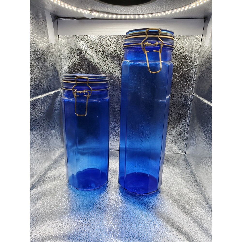 Cobalt Blue Storage Canister Jar Set 12 Panelled Glass W/ Latched Lid 2 Pack